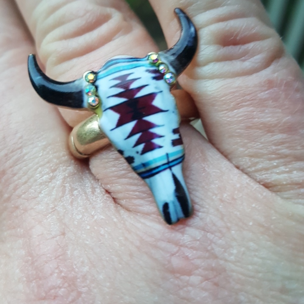 Boho Hippie Steer head long horn south western vibes stretch Ring